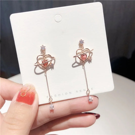 MENGJIQIAO Elegant Geometric Heart Crystal Drop Earrings